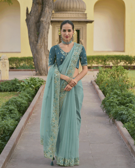 Mint Blue Tissue Organza Embroidered Silk Designer Saree