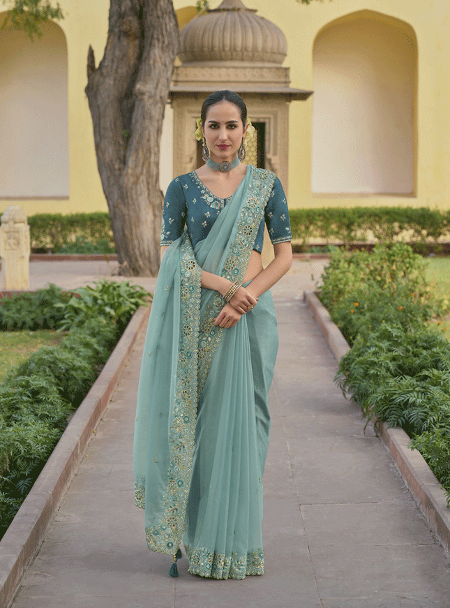 Mint Blue Tissue Organza Embroidered Silk Designer Saree