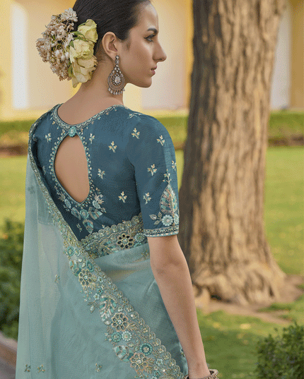 Mint Blue Tissue Organza Embroidered Silk Designer Saree