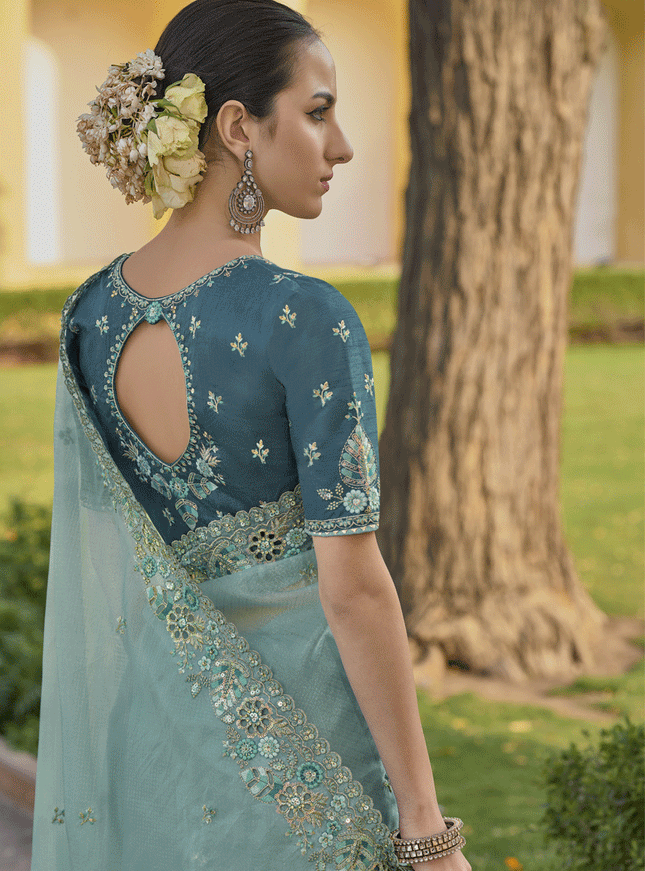 Mint Blue Tissue Organza Embroidered Silk Designer Saree