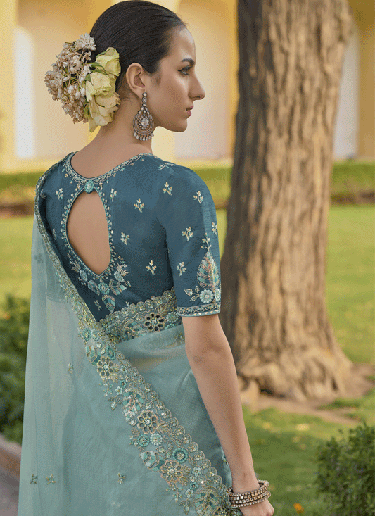 Mint Blue Tissue Organza Embroidered Silk Designer Saree