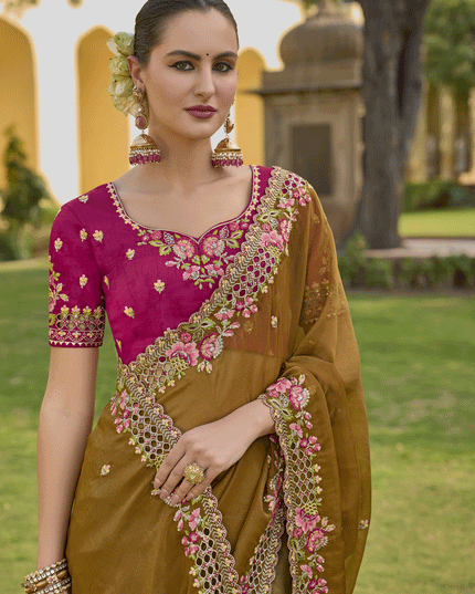 Mustard Tissue Organza Embroidered Silk Designer Saree