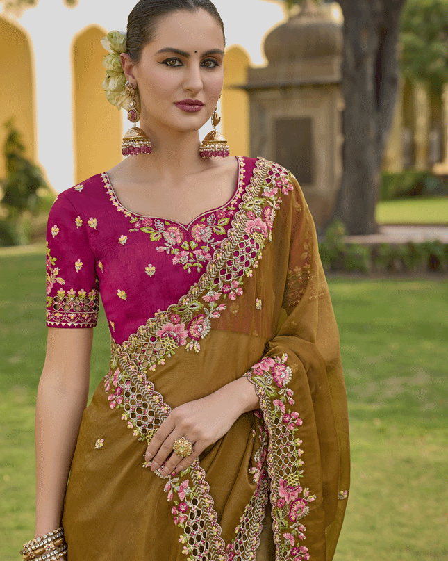 Mustard Tissue Organza Embroidered Silk Designer Saree