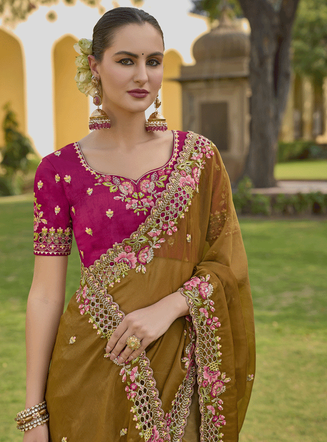 Mustard Tissue Organza Embroidered Silk Designer Saree