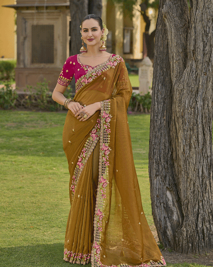Mustard Tissue Organza Embroidered Silk Designer Saree