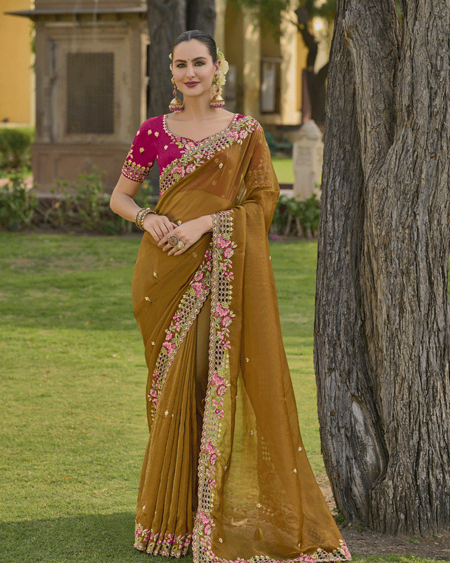 Mustard Tissue Organza Embroidered Silk Designer Saree