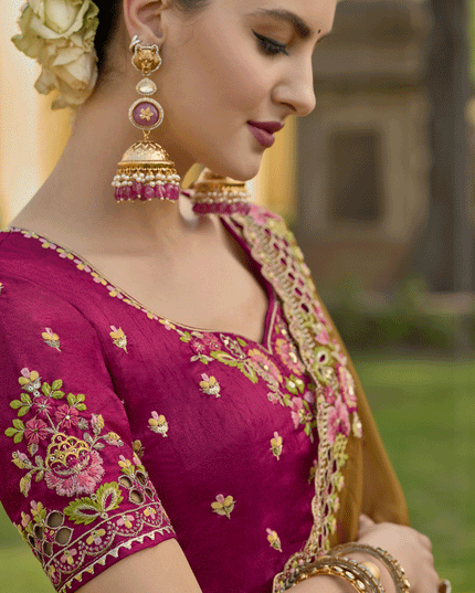 Mustard Tissue Organza Embroidered Silk Designer Saree