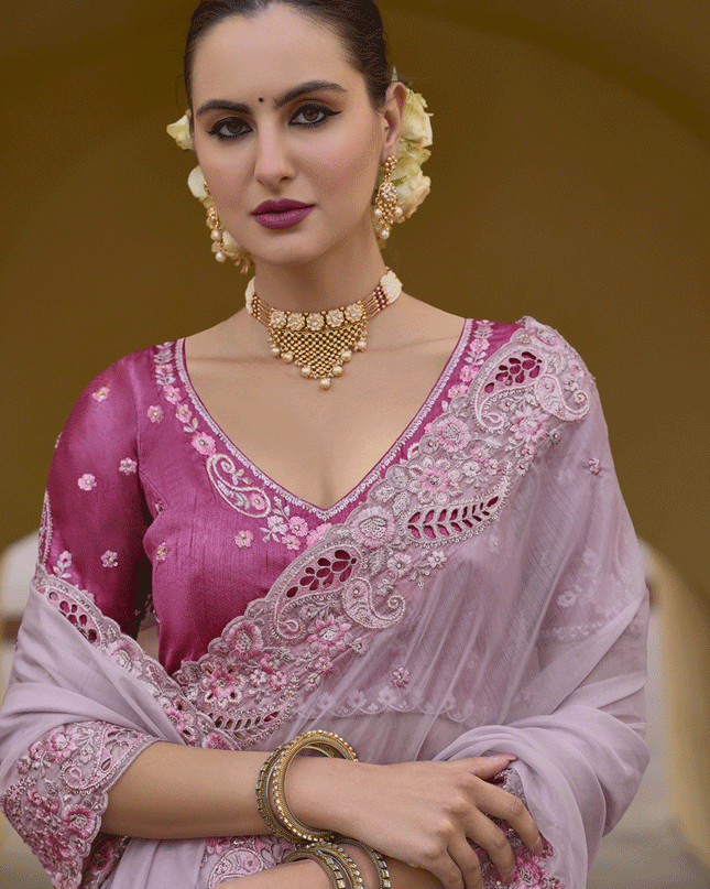 Lilac Tissue Organza Embroidered Silk Designer Saree
