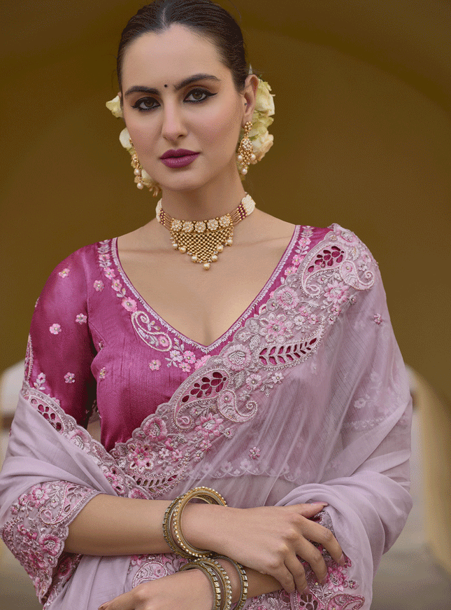 Lilac Tissue Organza Embroidered Silk Designer Saree