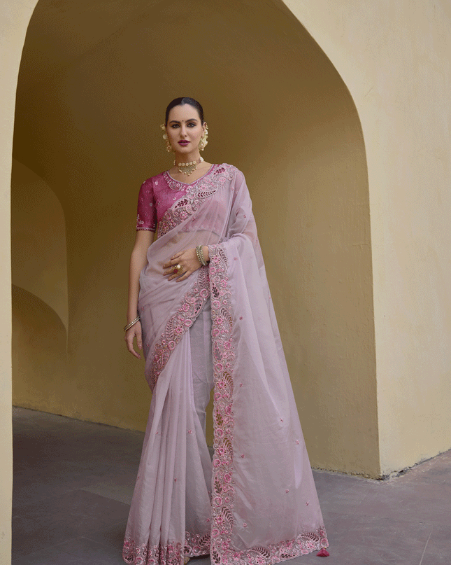 Lilac Tissue Organza Embroidered Silk Designer Saree