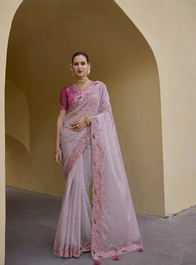 Lilac Tissue Organza Embroidered Silk Designer Saree