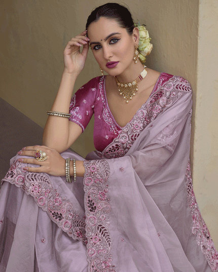 Lilac Tissue Organza Embroidered Silk Designer Saree
