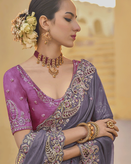 Lavender Grey Tissue Organza Embroidered Silk Designer Saree