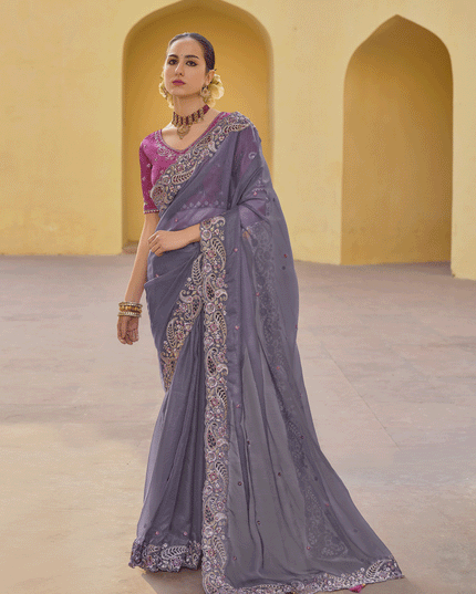 Lavender Grey Tissue Organza Embroidered Silk Designer Saree