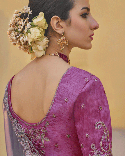 Lavender Grey Tissue Organza Embroidered Silk Designer Saree