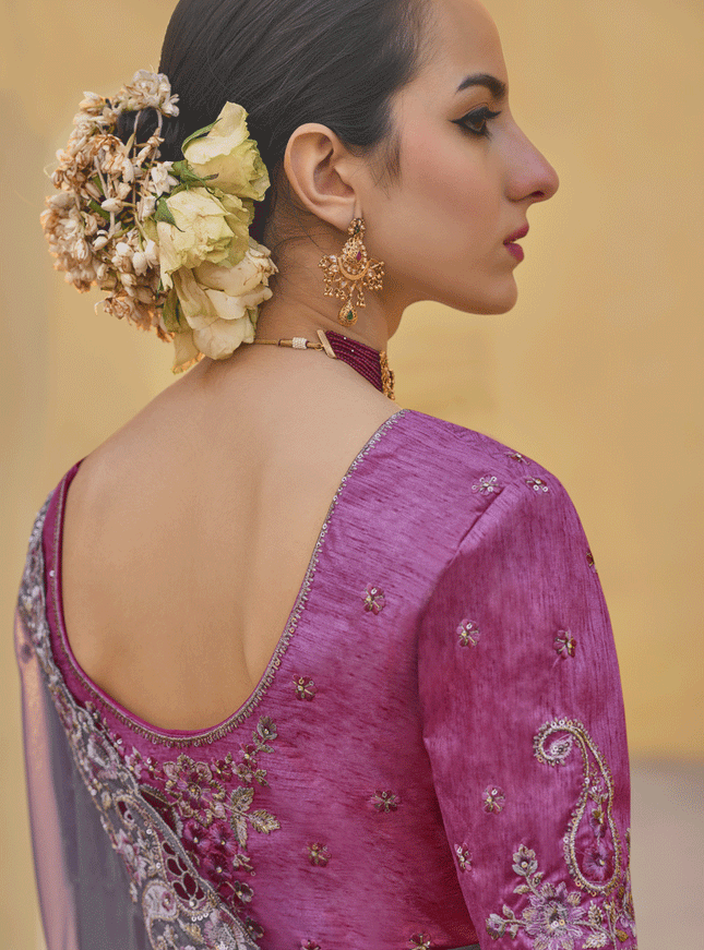Lavender Grey Tissue Organza Embroidered Silk Designer Saree
