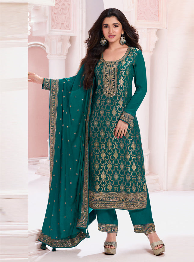 Nidhi Shah Rama Green Chinnon Embroidered Pant Kameez