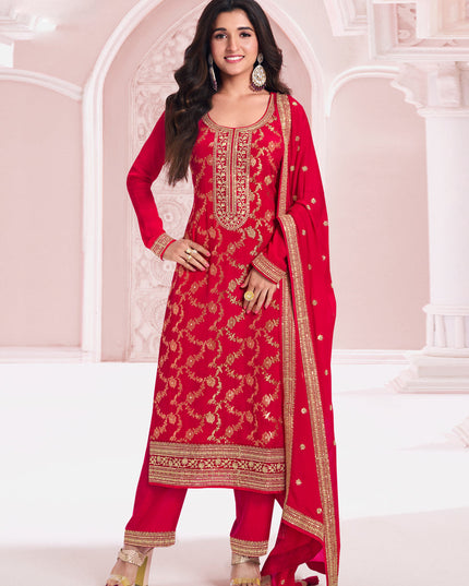 Nidhi Shah Hot Red Chinnon Embroidered Pant Kameez