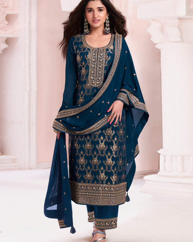 Nidhi Shah Prussian Blue Chinnon Embroidered Pant Kameez
