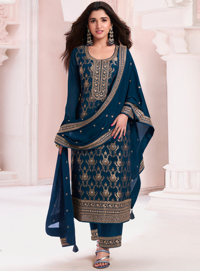 Nidhi Shah Prussian Blue Chinnon Embroidered Pant Kameez