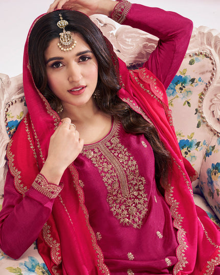 Nidhi Shah Rani Pink Silk Georgette Embroidered Palazzo Suit
