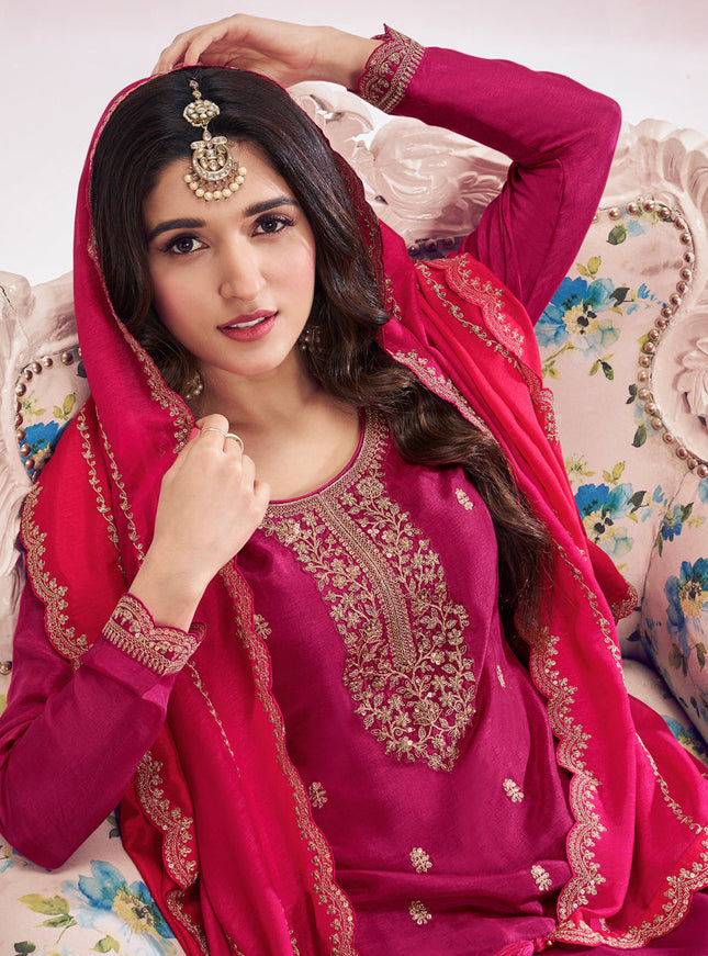 Nidhi Shah Rani Pink Silk Georgette Embroidered Palazzo Suit