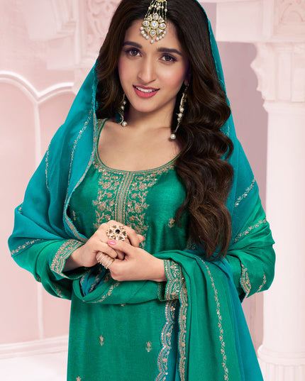 Nidhi Shah Rama Green Silk Georgette Embroidered Palazzo Suit