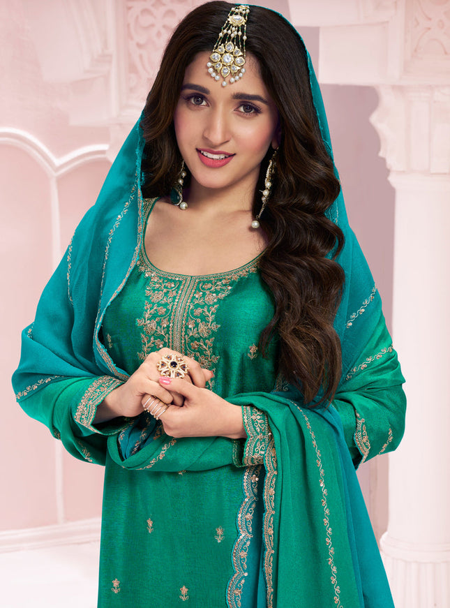 Nidhi Shah Rama Green Silk Georgette Embroidered Palazzo Suit
