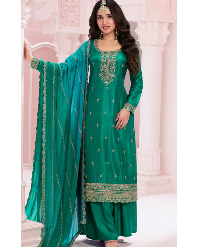Nidhi Shah Rama Green Silk Georgette Embroidered Palazzo Suit