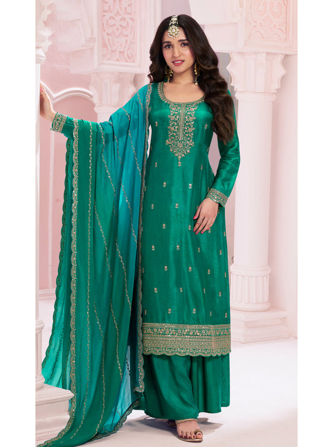 Nidhi Shah Rama Green Silk Georgette Embroidered Palazzo Suit