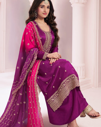 Nidhi Shah Magenta Silk Georgette Embroidered Palazzo Suit