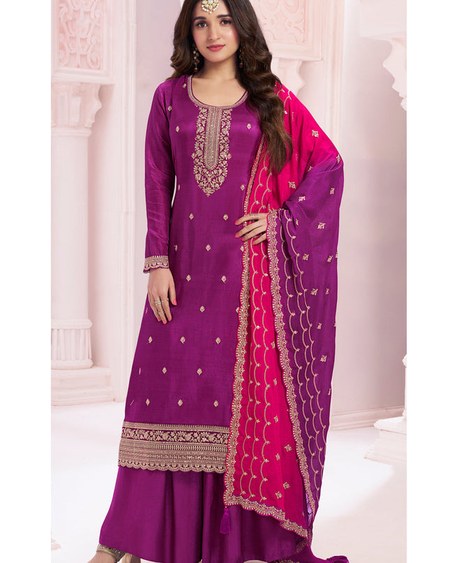Nidhi Shah Magenta Silk Georgette Embroidered Palazzo Suit