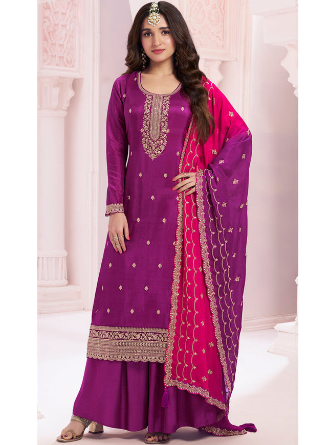 Nidhi Shah Magenta Silk Georgette Embroidered Palazzo Suit