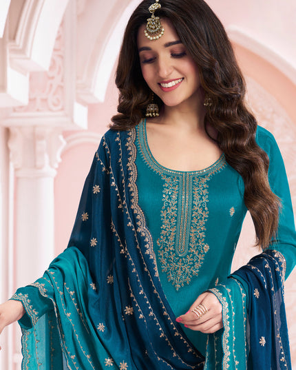 Nidhi Shah Peacock Blue Silk Georgette Embroidered Palazzo Suit