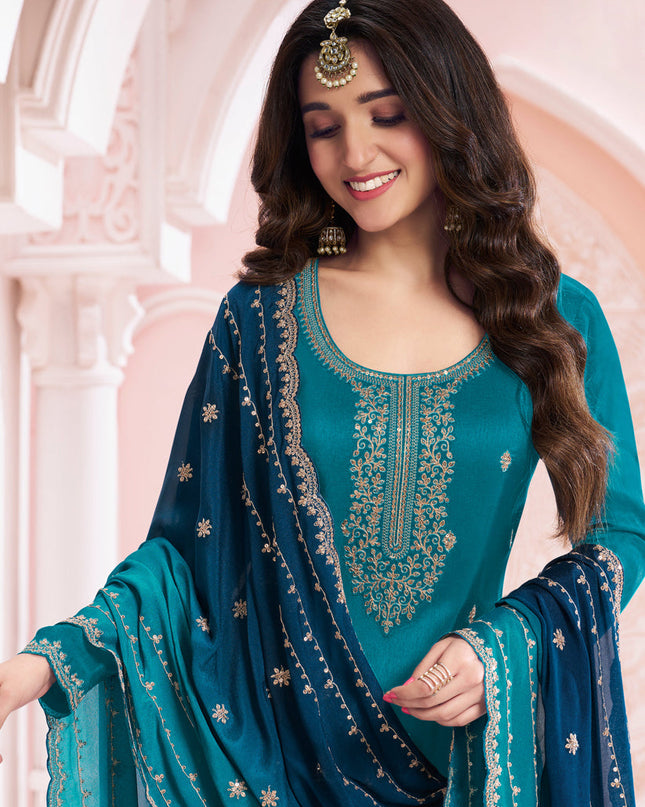 Nidhi Shah Peacock Blue Silk Georgette Embroidered Palazzo Suit