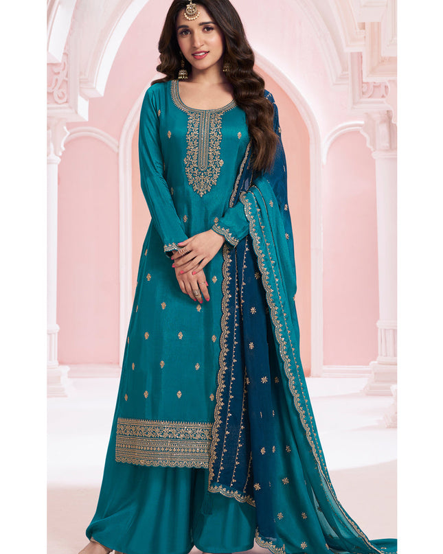 Nidhi Shah Peacock Blue Silk Georgette Embroidered Palazzo Suit