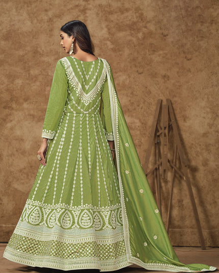 pistachio green dola silk embroidered gown with dupatta