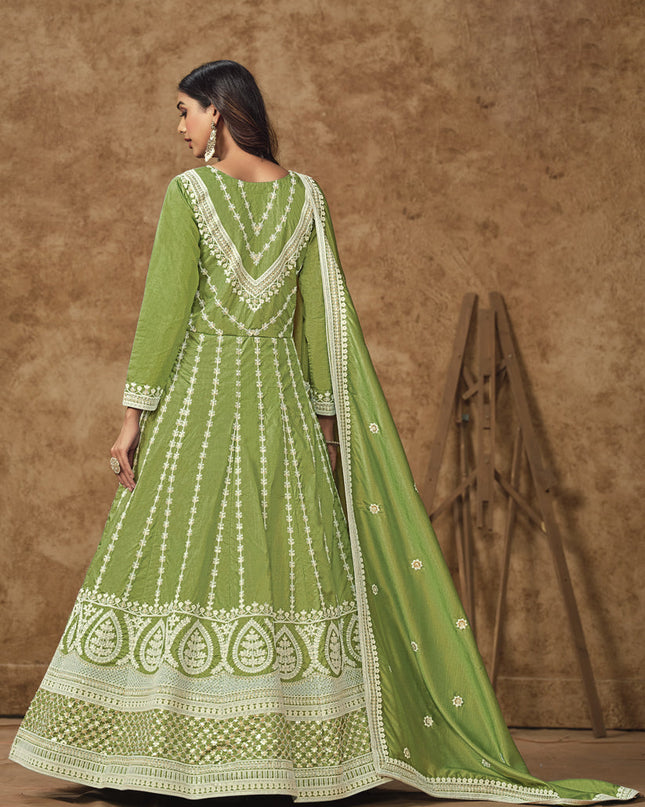 pistachio green dola silk embroidered gown with dupatta