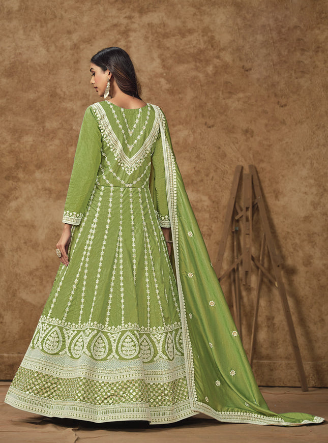 pistachio green dola silk embroidered gown with dupatta