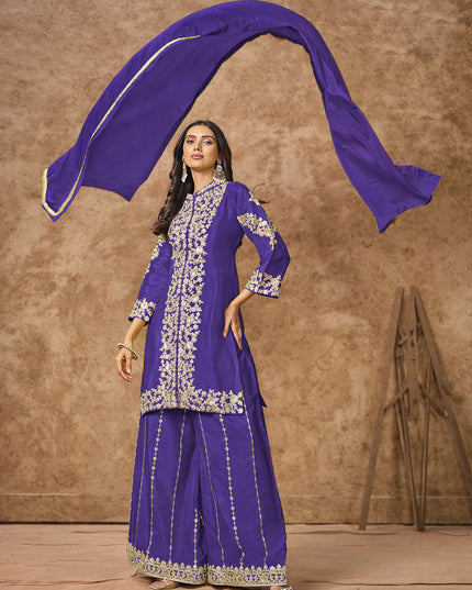 violet chinnon silk embroidered palazzo kameez
