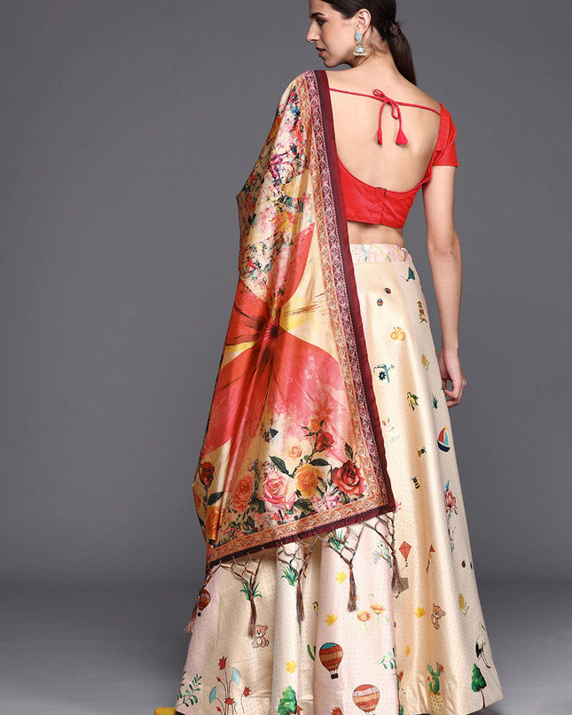 White Satin Silk Blend Digital Print Navratri Specials Chaniya Choli