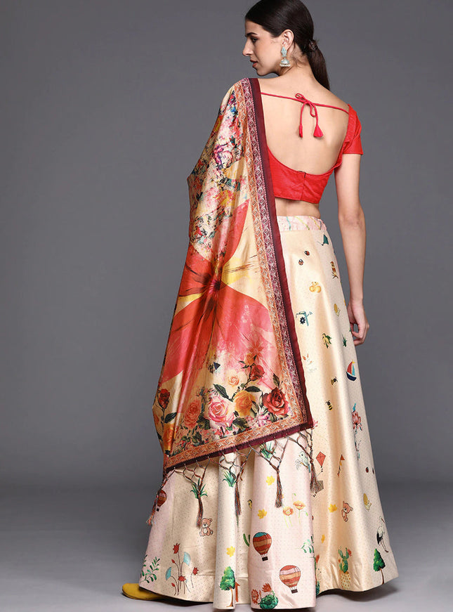 White Satin Silk Blend Digital Print Navratri Specials Chaniya Choli