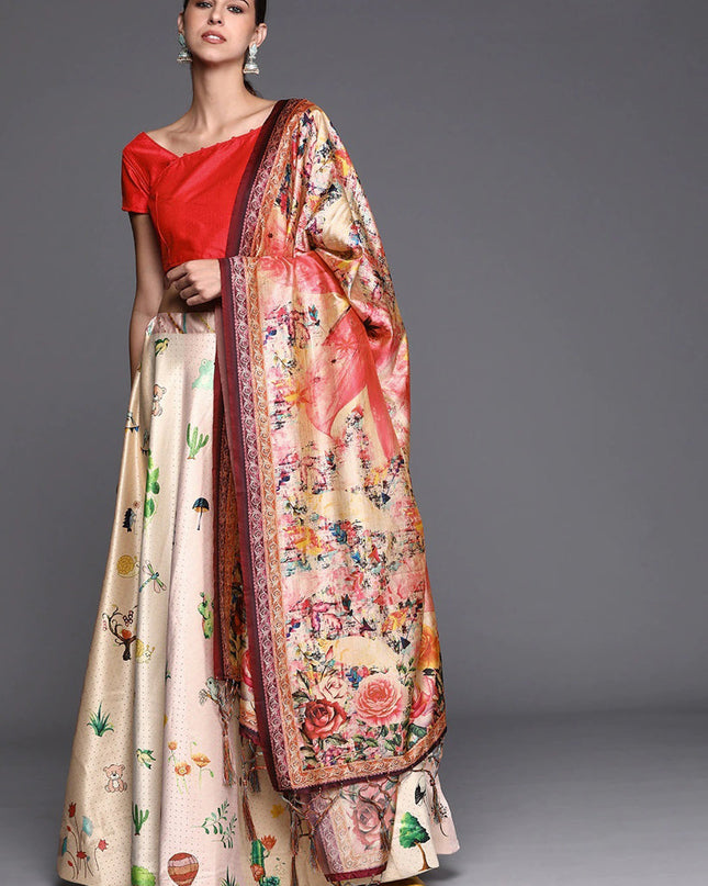 White Satin Silk Blend Digital Print Navratri Specials Chaniya Choli