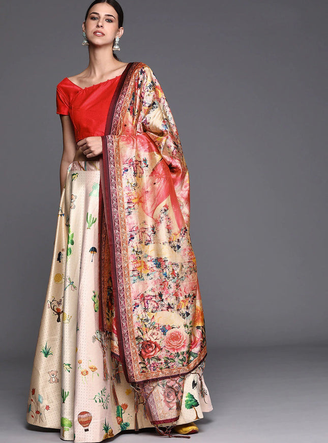 White Satin Silk Blend Digital Print Navratri Specials Chaniya Choli