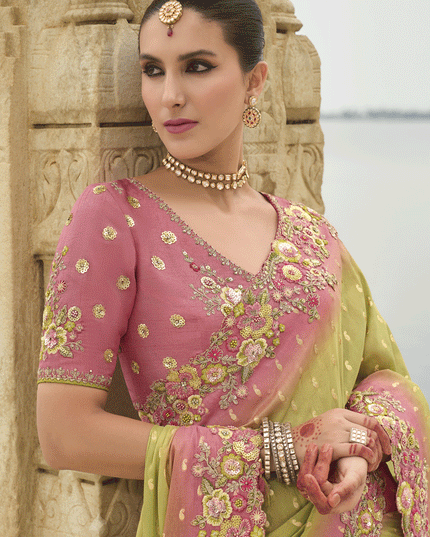 Lime Green Embroidered Tissue Silk Wedding Saree