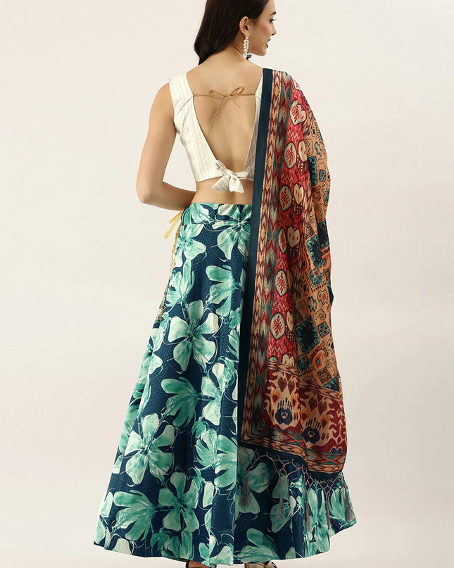 Blue Satin Silk Blend Digital Print Navratri Specials Chaniya Choli