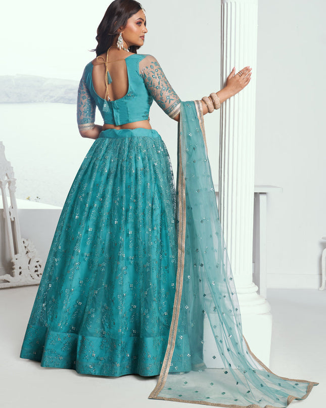 Firozi Net Embroidered Wedding Lehenga Choli Set