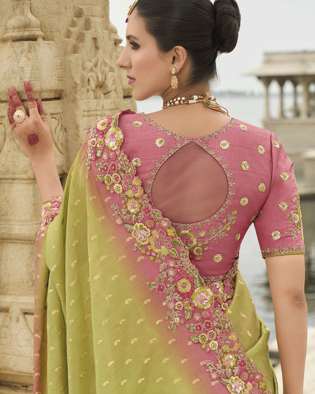 Lime Green Embroidered Tissue Silk Wedding Saree