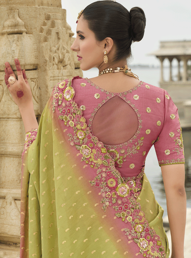 Lime Green Embroidered Tissue Silk Wedding Saree