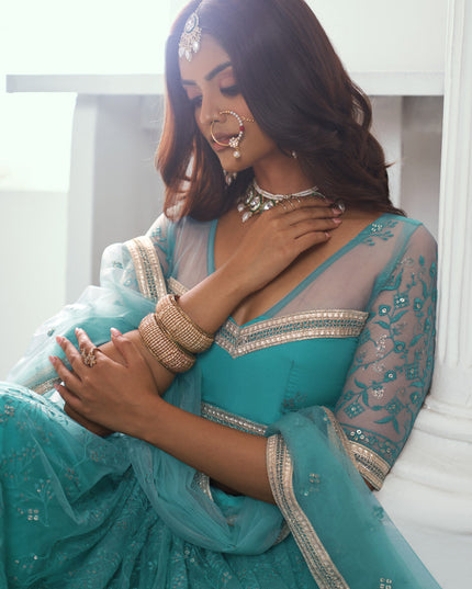 Firozi Net Embroidered Wedding Lehenga Choli Set